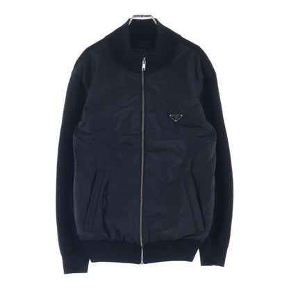 Prada Triangle Logo Knit Contrast Zip Up Nylon Jacket Black