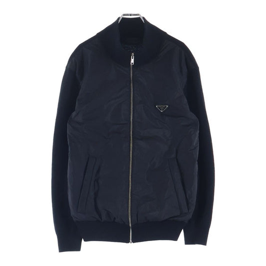 Prada Triangle Logo Knit Contrast Zip Up Nylon Jacket Black