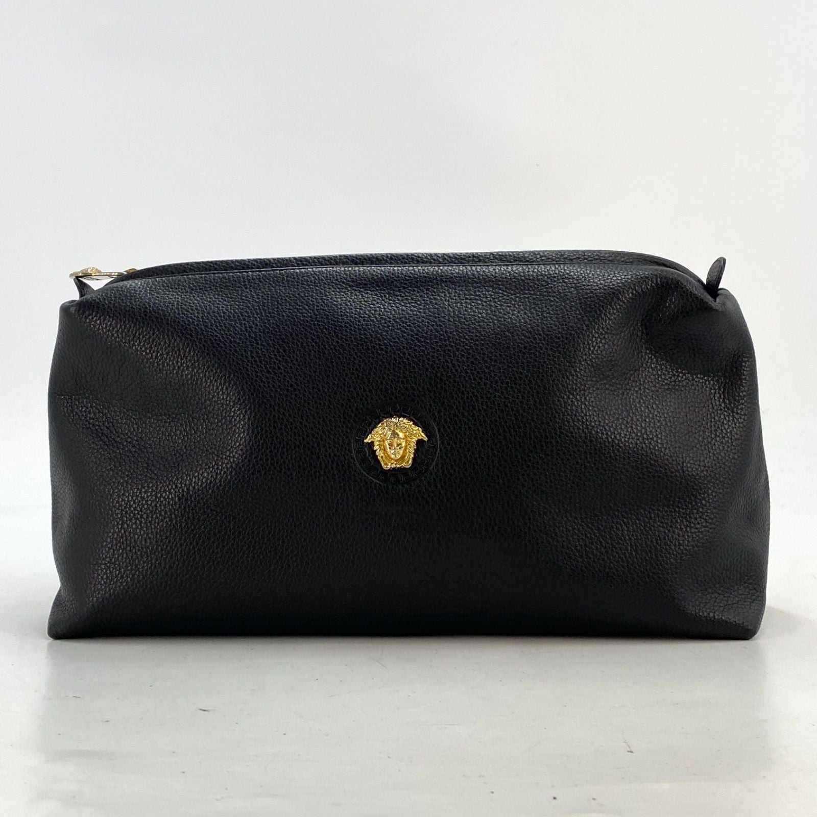 Versace Pouch Handbag Leather Black Medusa Clutch Business Travel