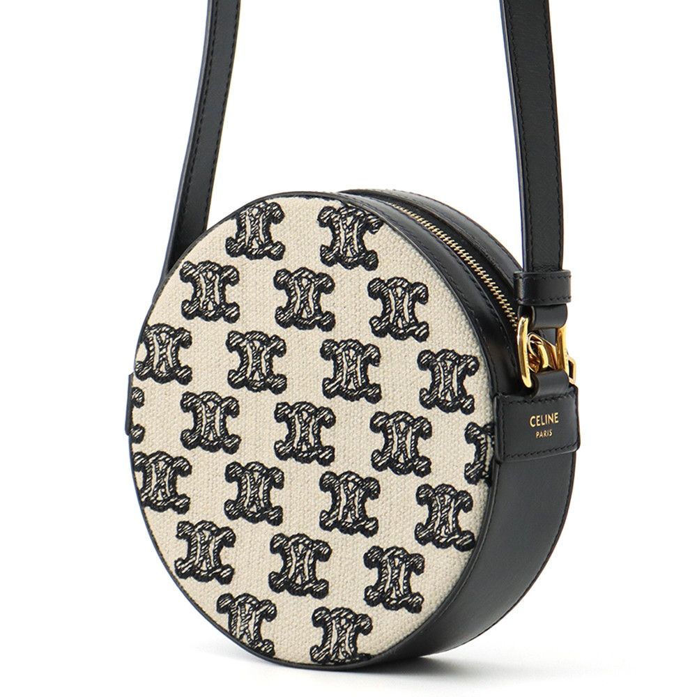 Celine Shoulder Bag Triomphe Round Canvas Leather Black — view 2