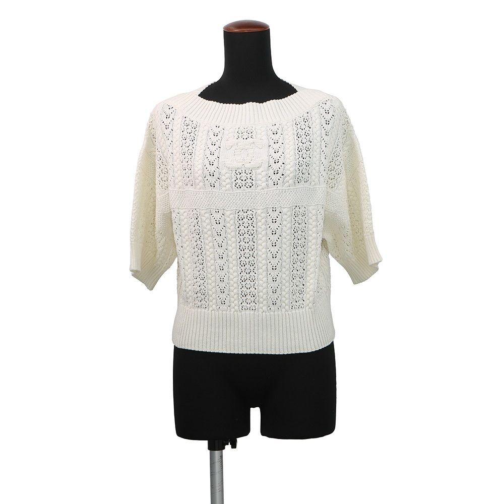 Chanel Knit CC Logo Cotton Short Sleeve CC 36 Top White Sweater