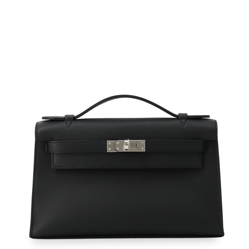 Hermes Handbag Pochette Kelly Black Silver Swift