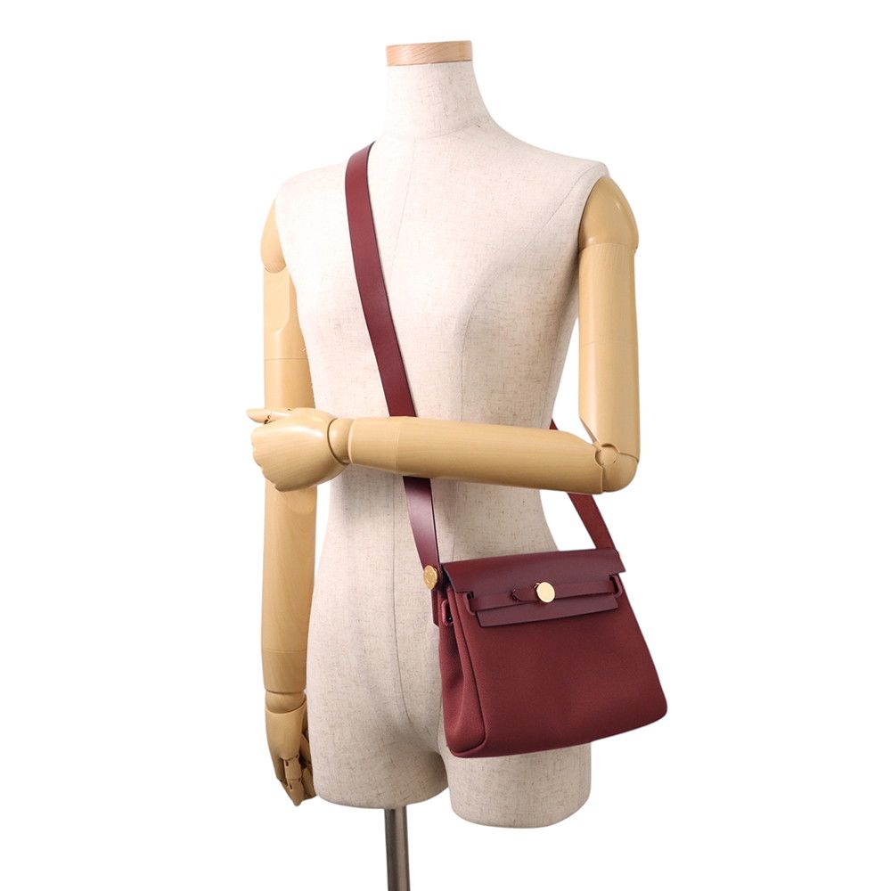 Hermes Shoulder Bag Herbag Zip Mini Rouge Ash Gold Toile Military Vache Hunter — view 4