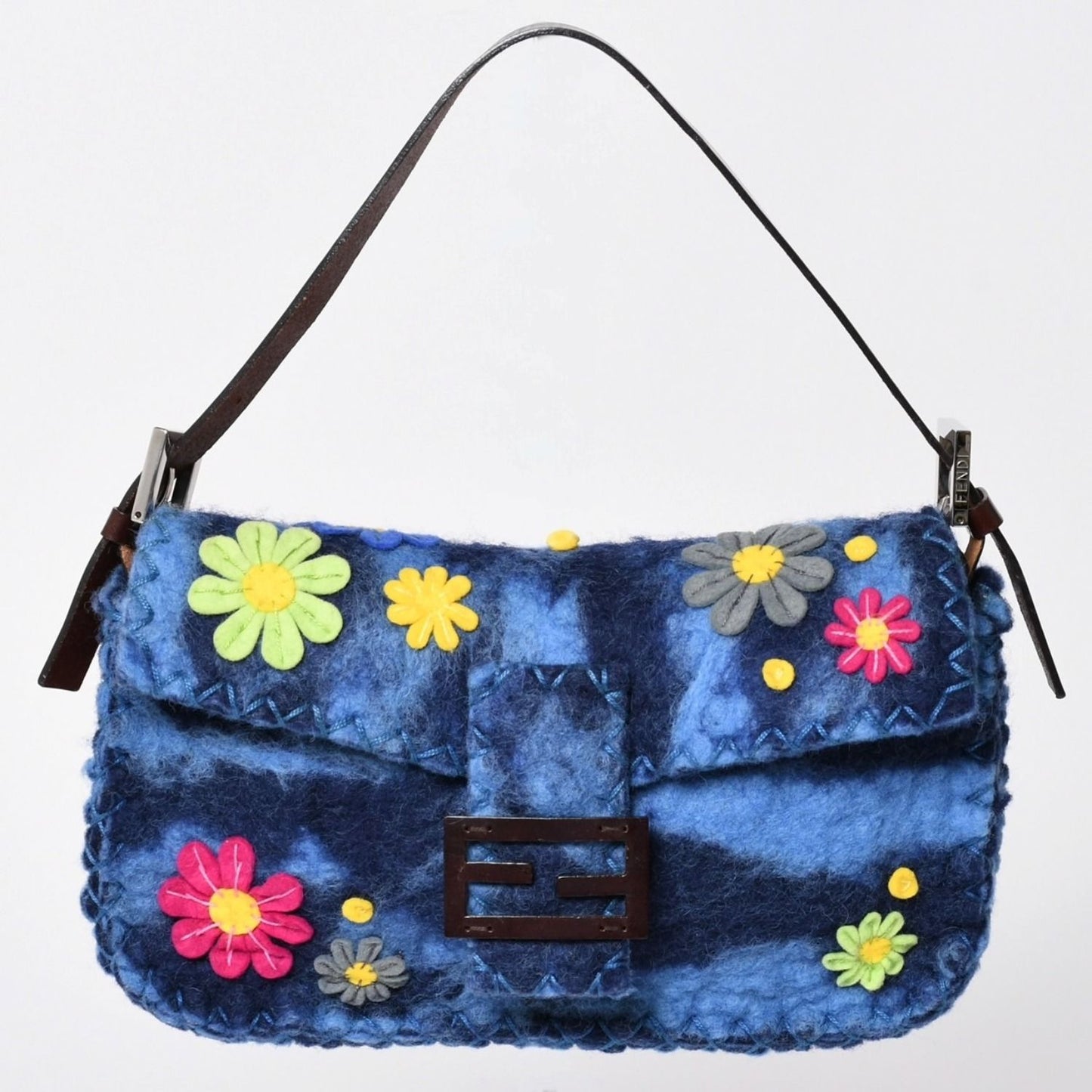 Fendi Mamma Baguette Bag Felt Leather Flower Patchwork Blue Silver