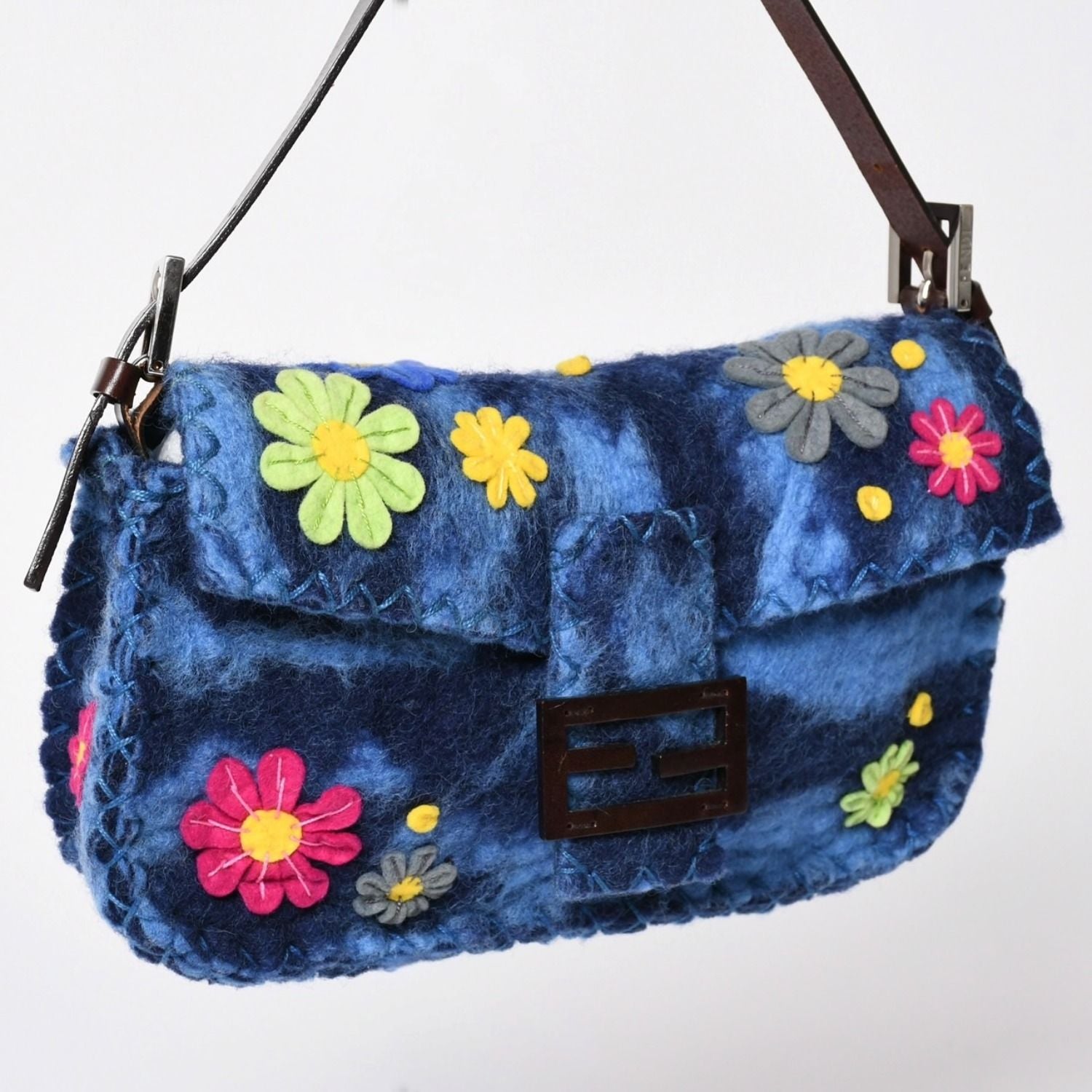 Fendi Mamma Baguette Bag Felt Leather Flower Patchwork Blue Silver — view 3