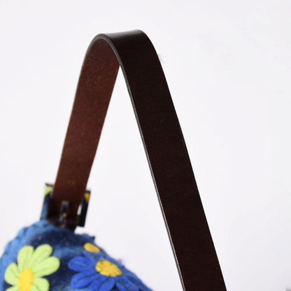 Fendi Mamma Baguette Bag Felt Leather Flower Patchwork Blue Silver — view 4