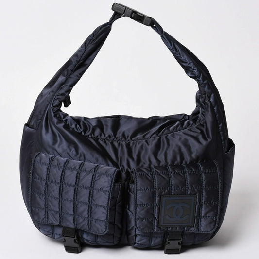 Chanel Sports Line Bag CC Logo Choco Bar Nylon Navy Silver