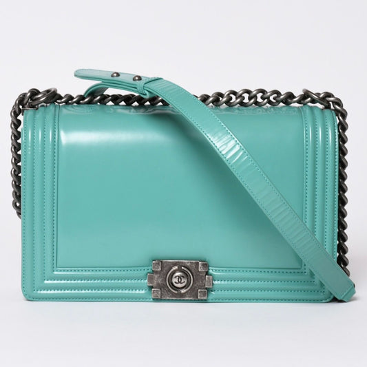 Chanel Boy Large Chain Shoulder Bag CC Logo Calfskin Turquoise
