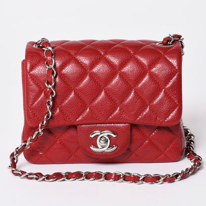 Chanel Mini Quilted 16 S Flap S Chain Shoulder Bag CC Logo Caviar Leather Silver