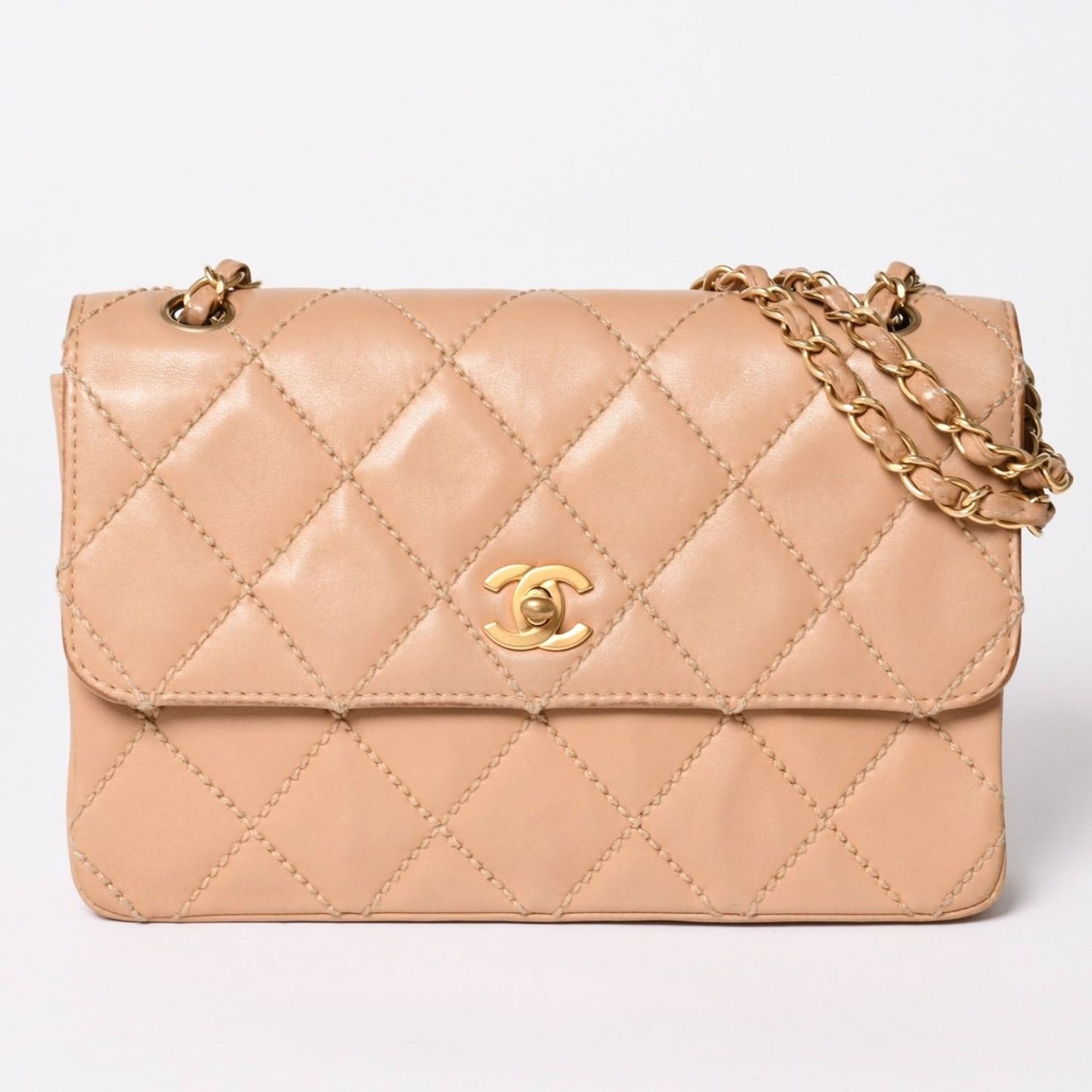 Chanel Wild Stitch Quilted 25 Chain Shoulder Bag CC Logo Calfskin Beige