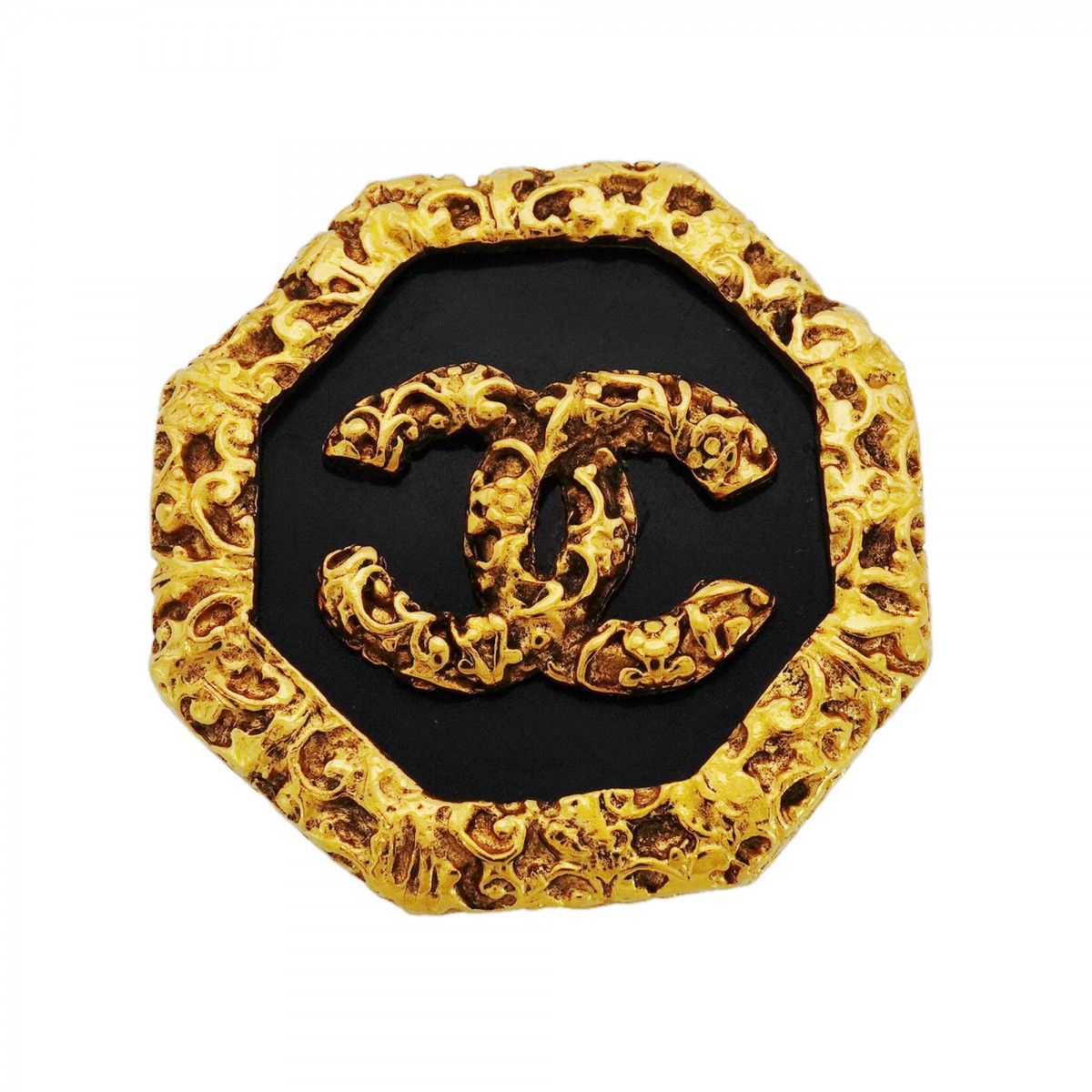 Chanel Brooch Vintage CC Logo Lava Motif Gold Plated Black Cles