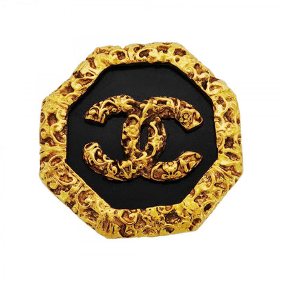 Chanel Brooch Vintage CC Logo Lava Motif Gold Plated Black Cles