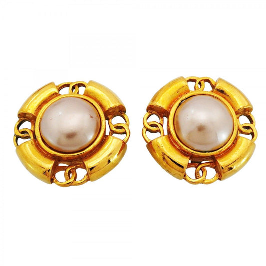 Chanel Earrings Vintage CC Logo Gold Plated Faux Pearl