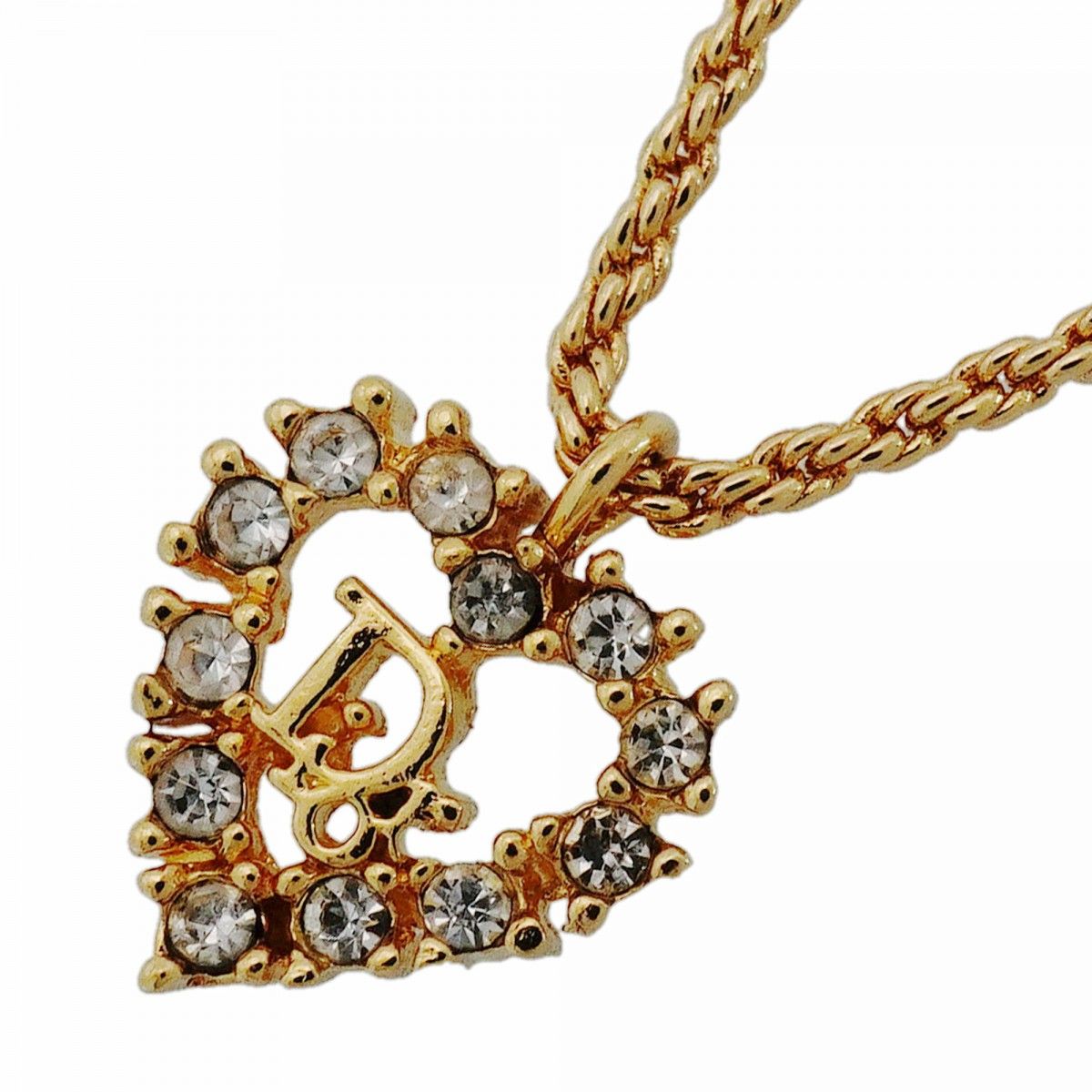 Dior Necklace Logo Heart Motif Gold Plated Rhinestone