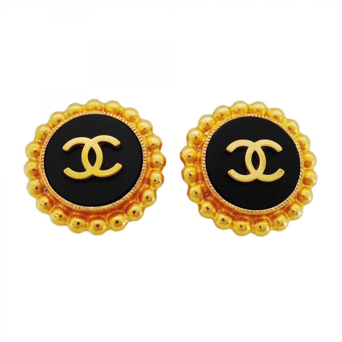 Chanel Earrings Vintage CC Logo Gold Plated Black Cles