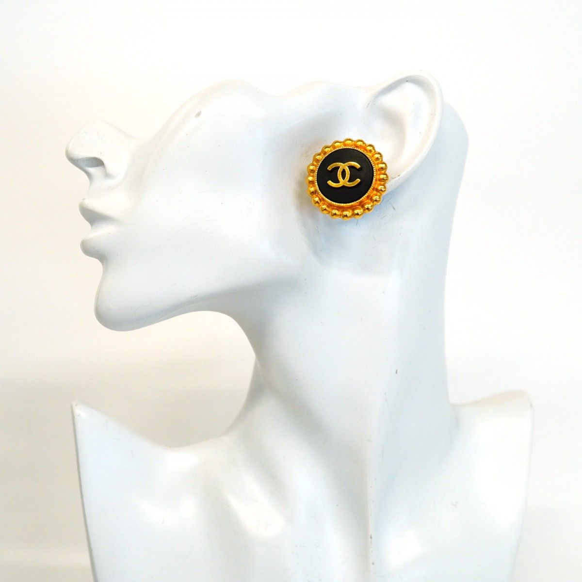 Chanel Earrings Vintage CC Logo Gold Plated Black Cles — view 5