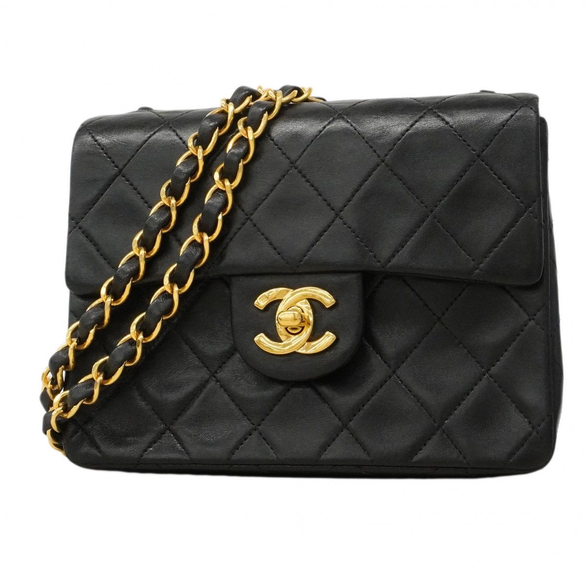 Chanel Shoulder Bag Mini Quilted Lambskin Black Gold