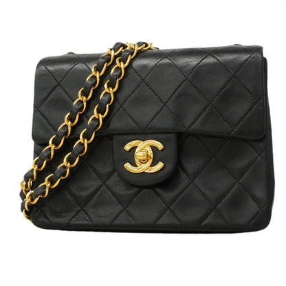 Chanel Shoulder Bag Mini Quilted Lambskin Black Gold