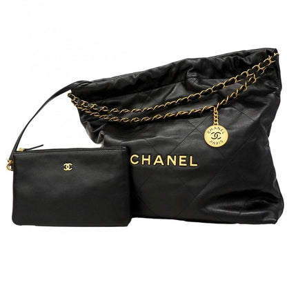 Chanel Shoulder Bag 22 Calf Black Chien Pants Gold