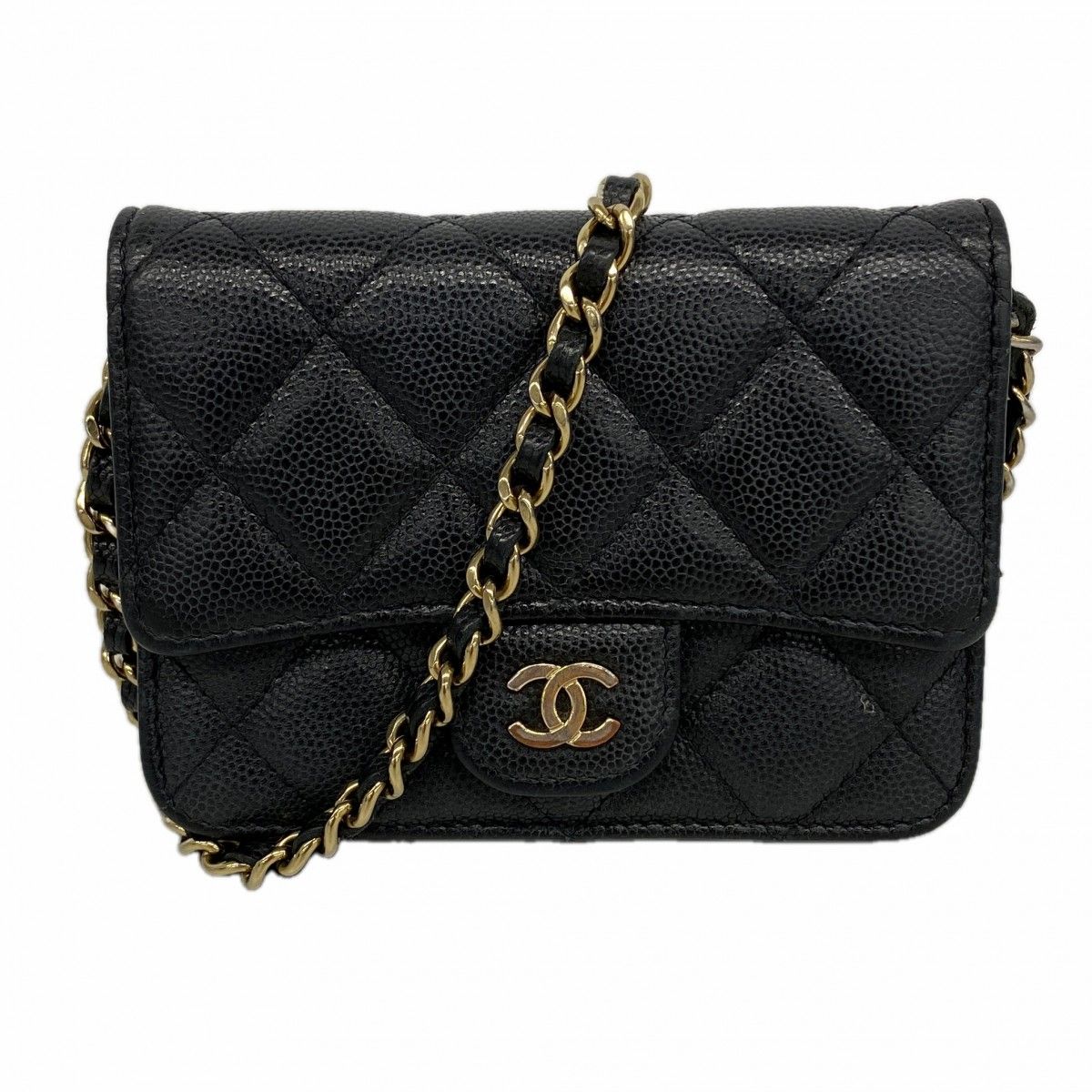Chanel Shoulder Bag Mini Quilted Caviar Leather Black Gold