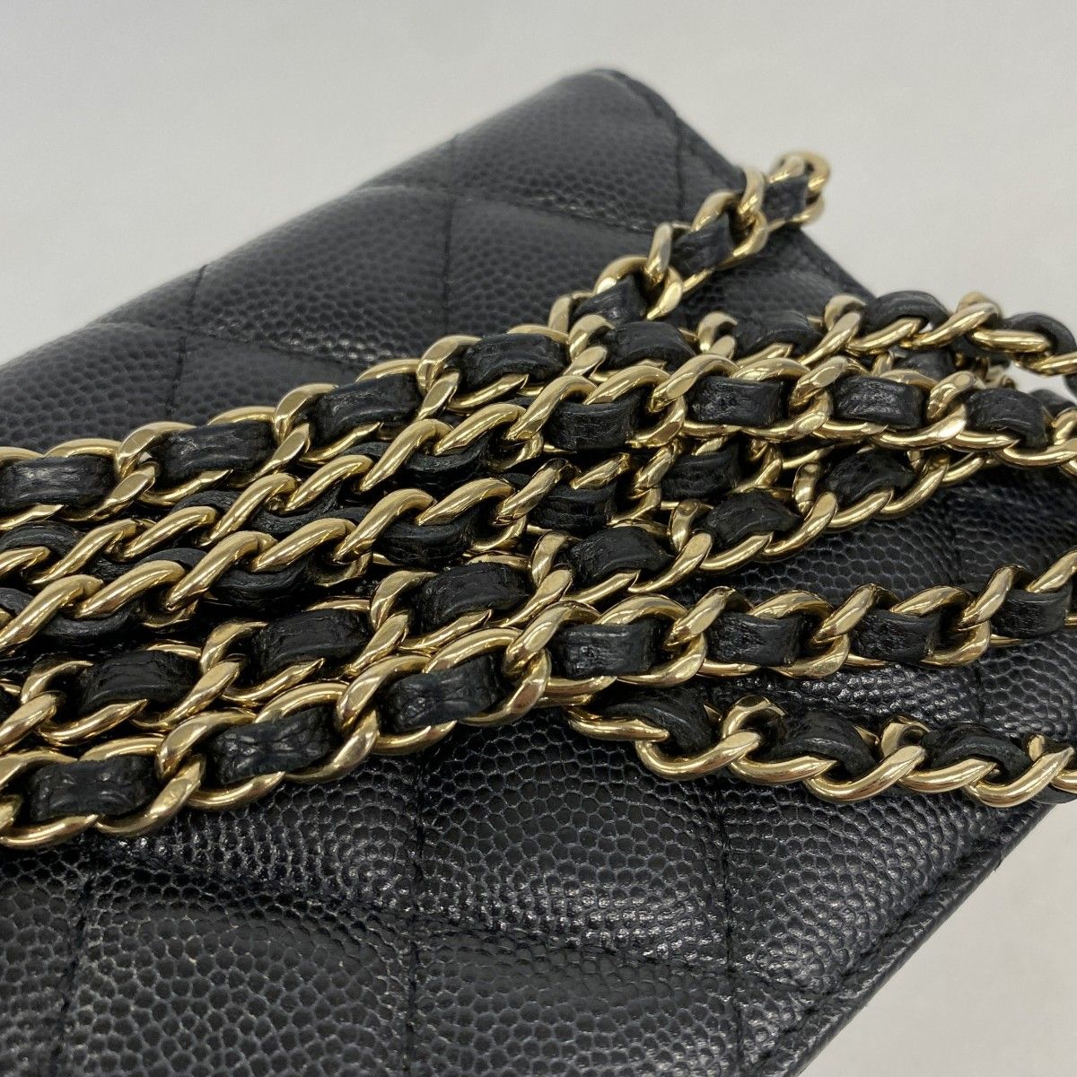 Chanel Shoulder Bag Mini Quilted Caviar Leather Black Gold — view 9
