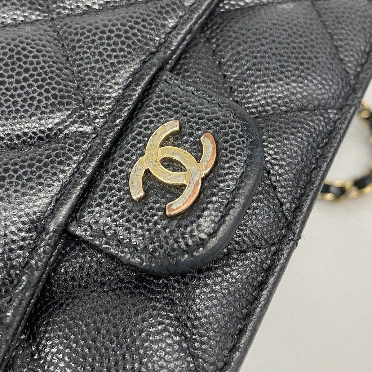 Chanel Shoulder Bag Mini Quilted Caviar Leather Black Gold — view 8