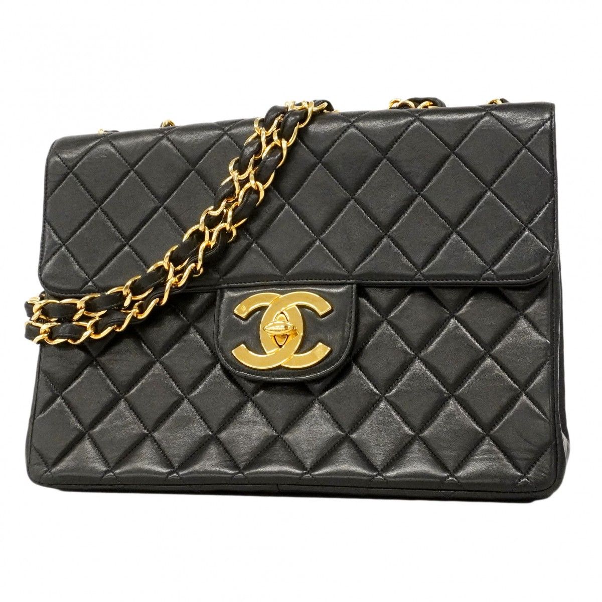 Chanel Shoulder Bag Big Quilted Lambskin Black Gold