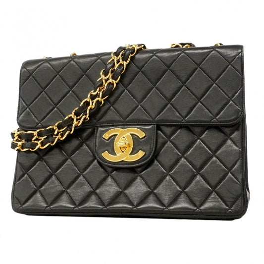 Chanel Shoulder Bag Big Quilted Lambskin Black Gold