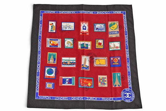 Chanel Scarf Shawl Vintage CC Logo Coc Pattern Silk Black Bordeaux