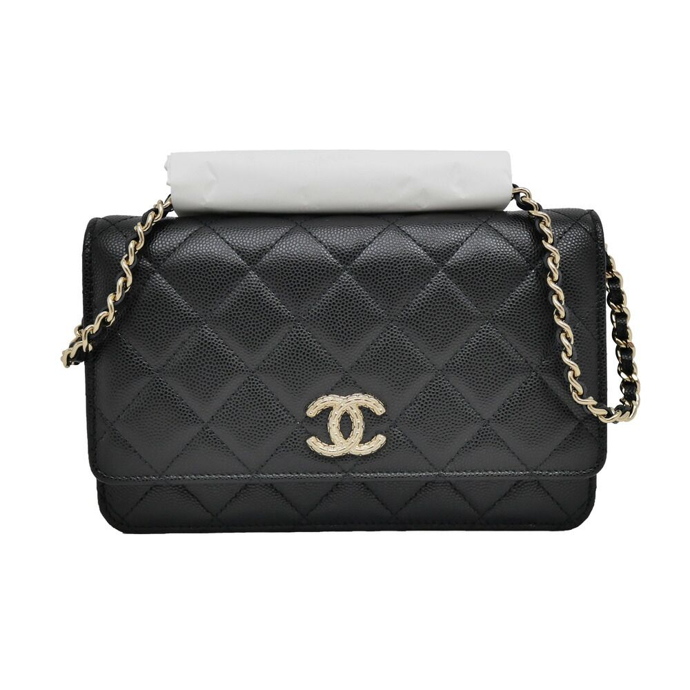Chanel Chain Wallet Shoulder Bag Caviar Leather Black Champagne