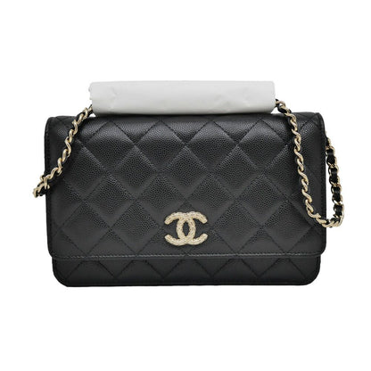 Chanel Chain Wallet Shoulder Bag Caviar Leather Black Champagne