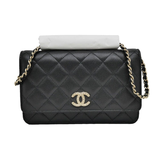 Chanel Chain Wallet Shoulder Bag Caviar Leather Black Champagne