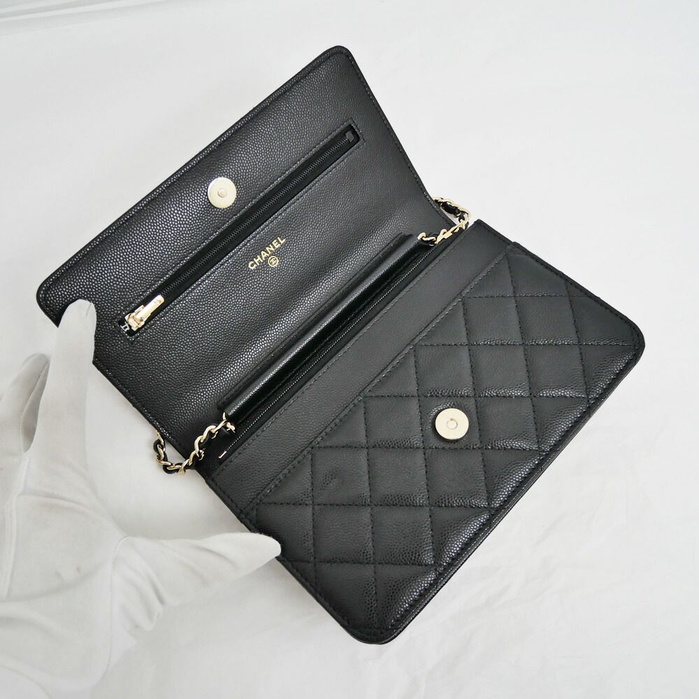 Chanel Chain Wallet Shoulder Bag Caviar Leather Black Champagne — view 5