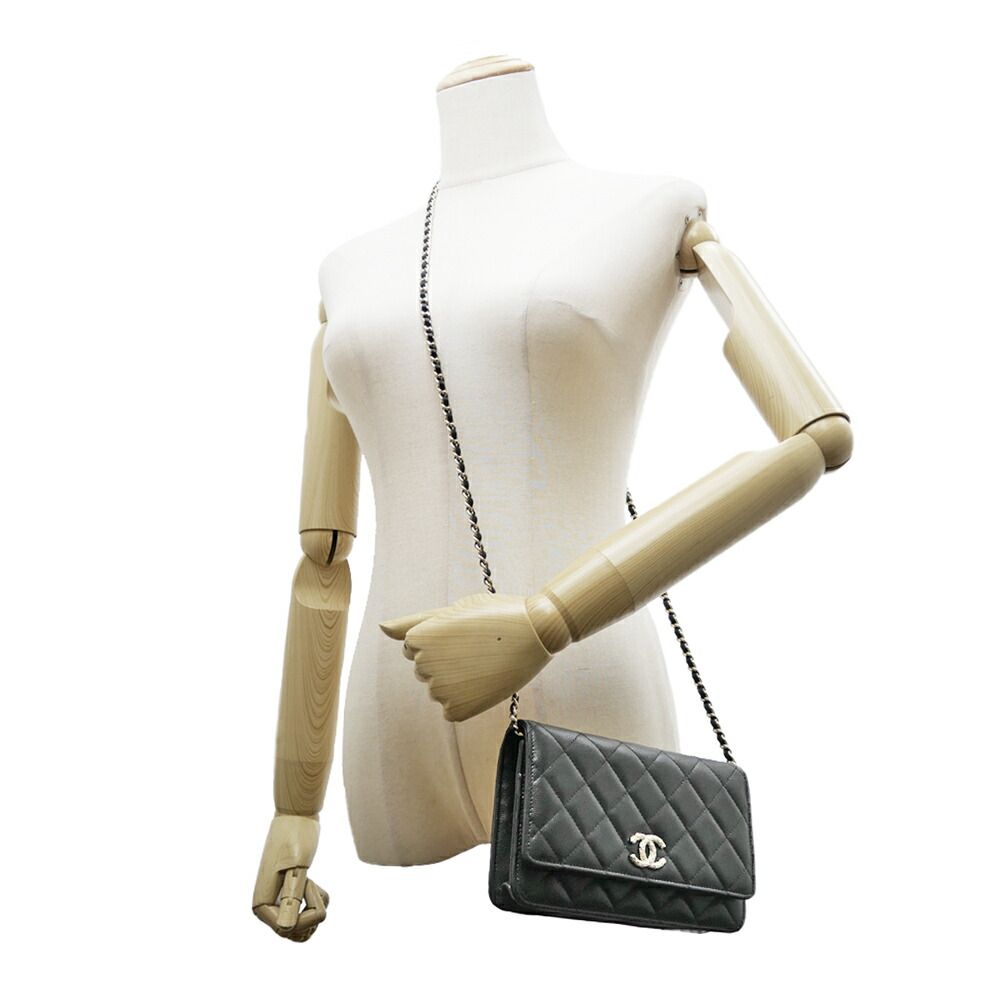Chanel Chain Wallet Shoulder Bag Caviar Leather Black Champagne — view 9