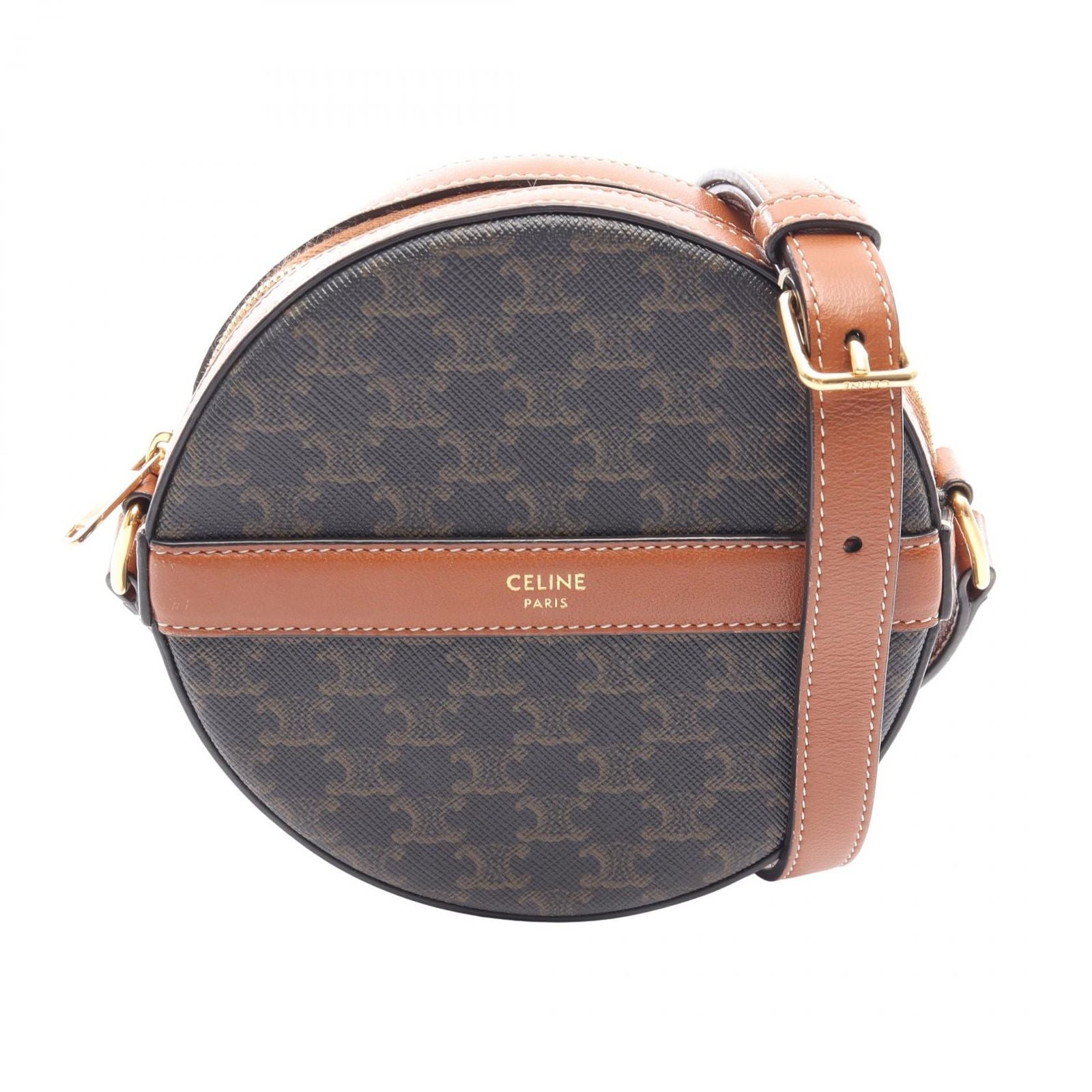 Celine Shoulder Bag Round Purse Triomphe Black Brown Canvas Leather