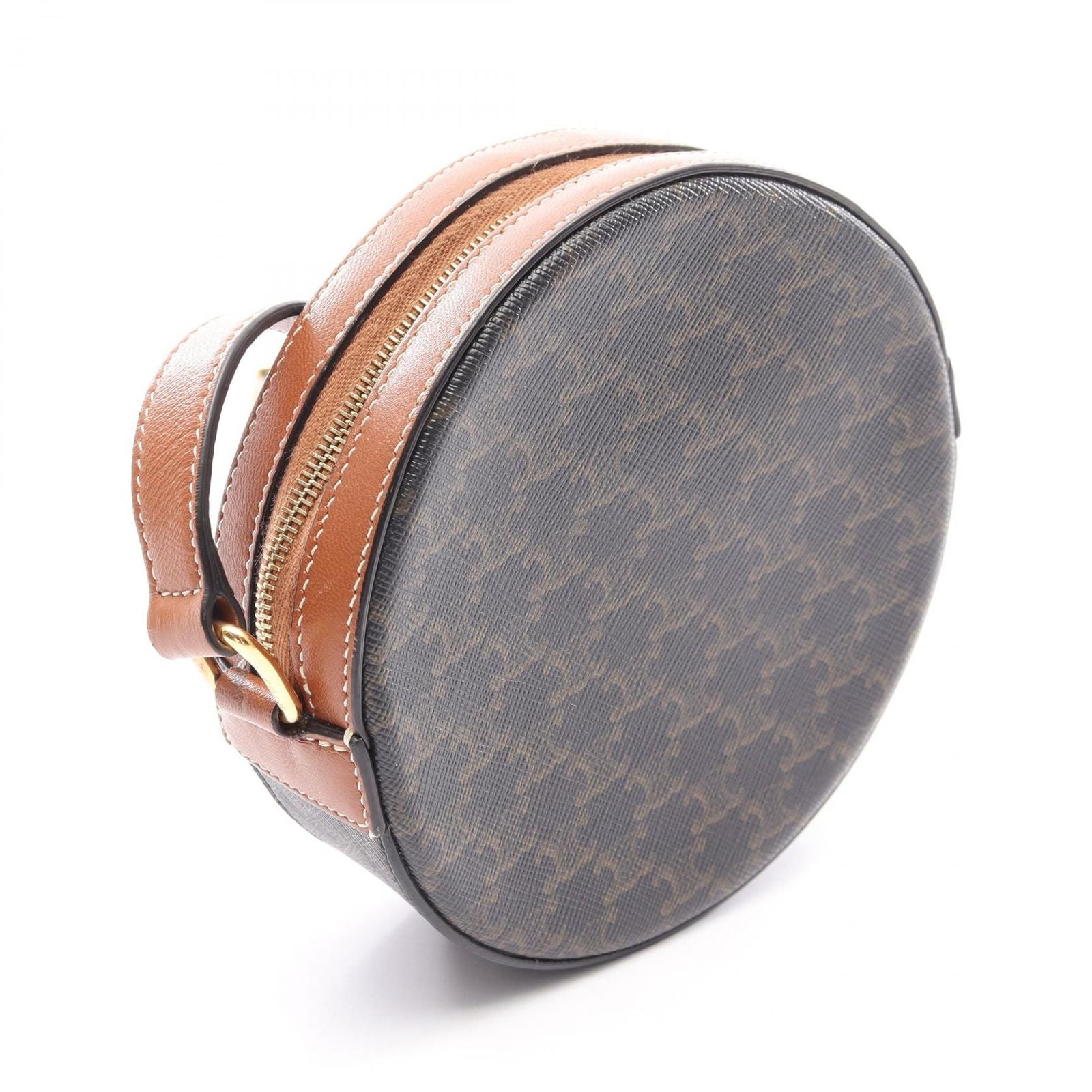 Celine Shoulder Bag Round Purse Triomphe Black Brown Canvas Leather — view 2