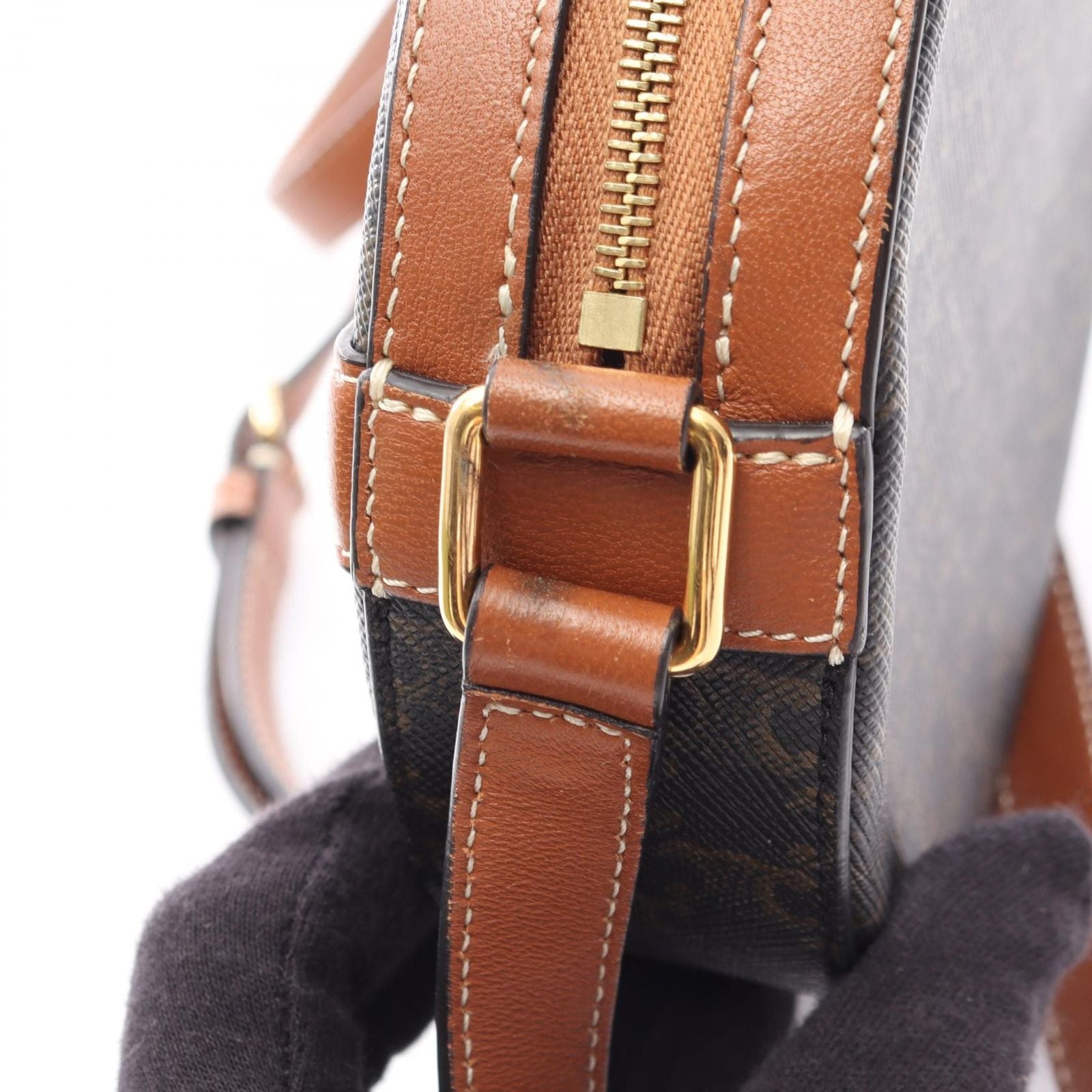 Celine Shoulder Bag Round Purse Triomphe Black Brown Canvas Leather — view 7