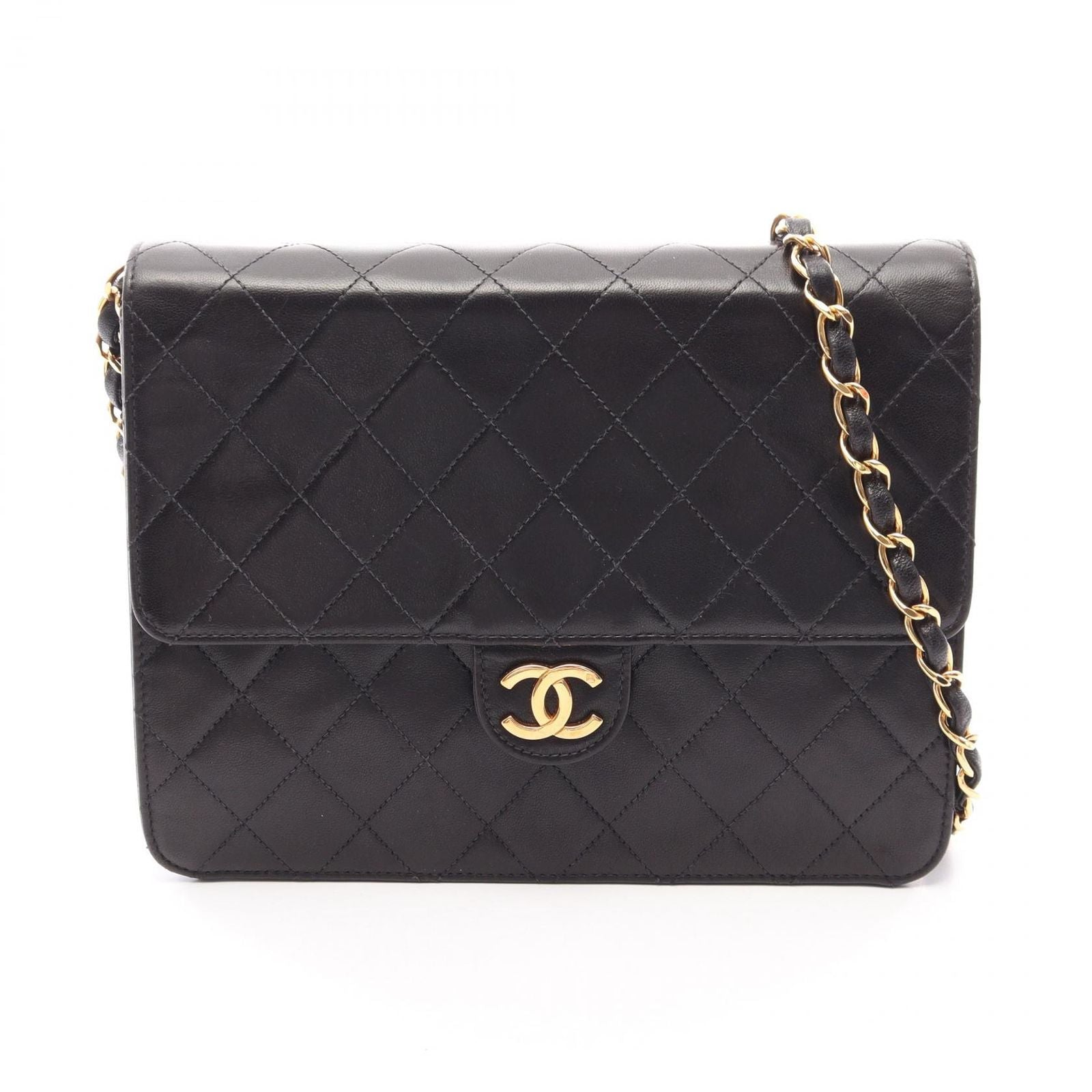 Chanel Shoulder Bag Quilted Single Flap Push Lock Black Lambskin Chain