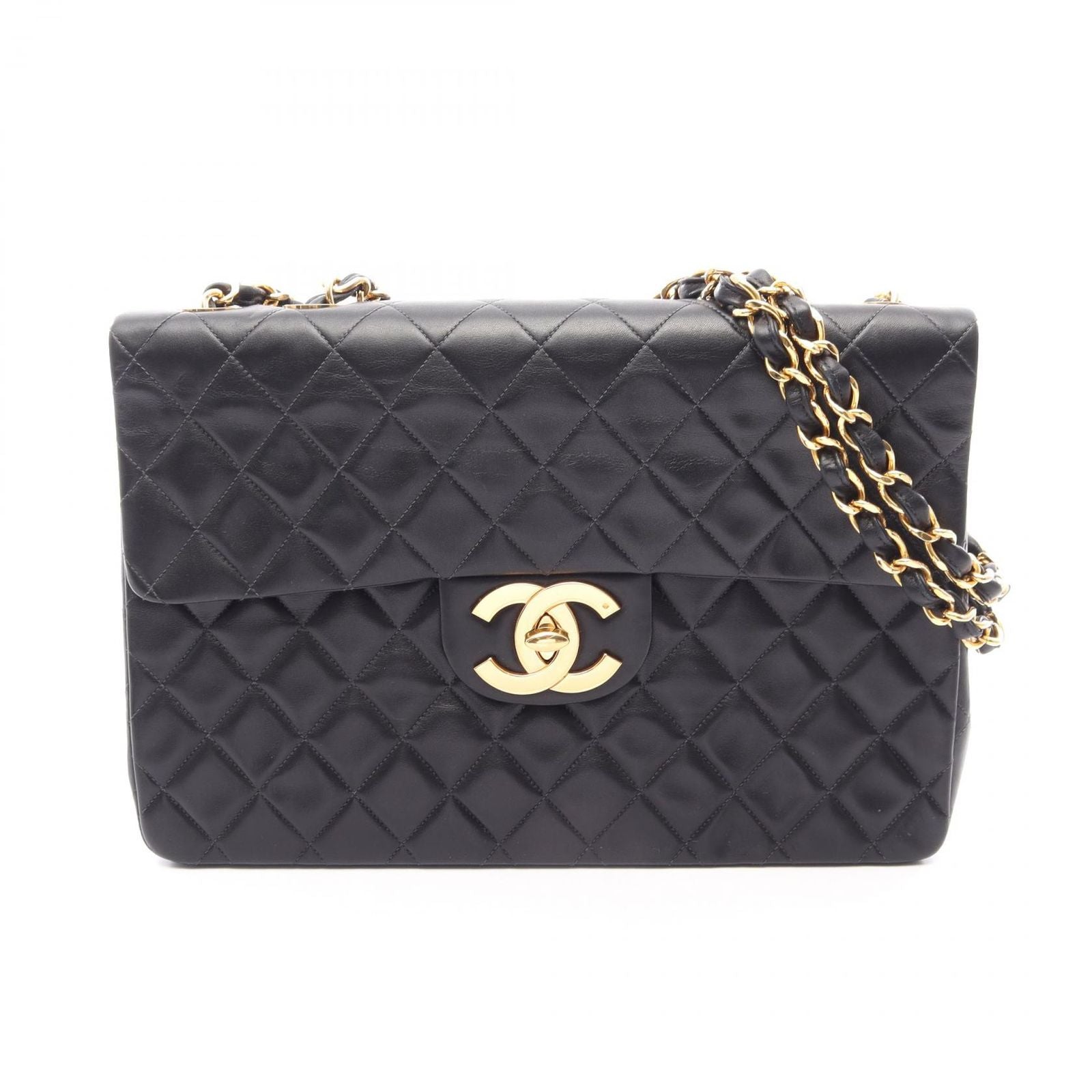 Chanel Shoulder Bag Big Quilted 34 Single Flap Black Lambskin Chain