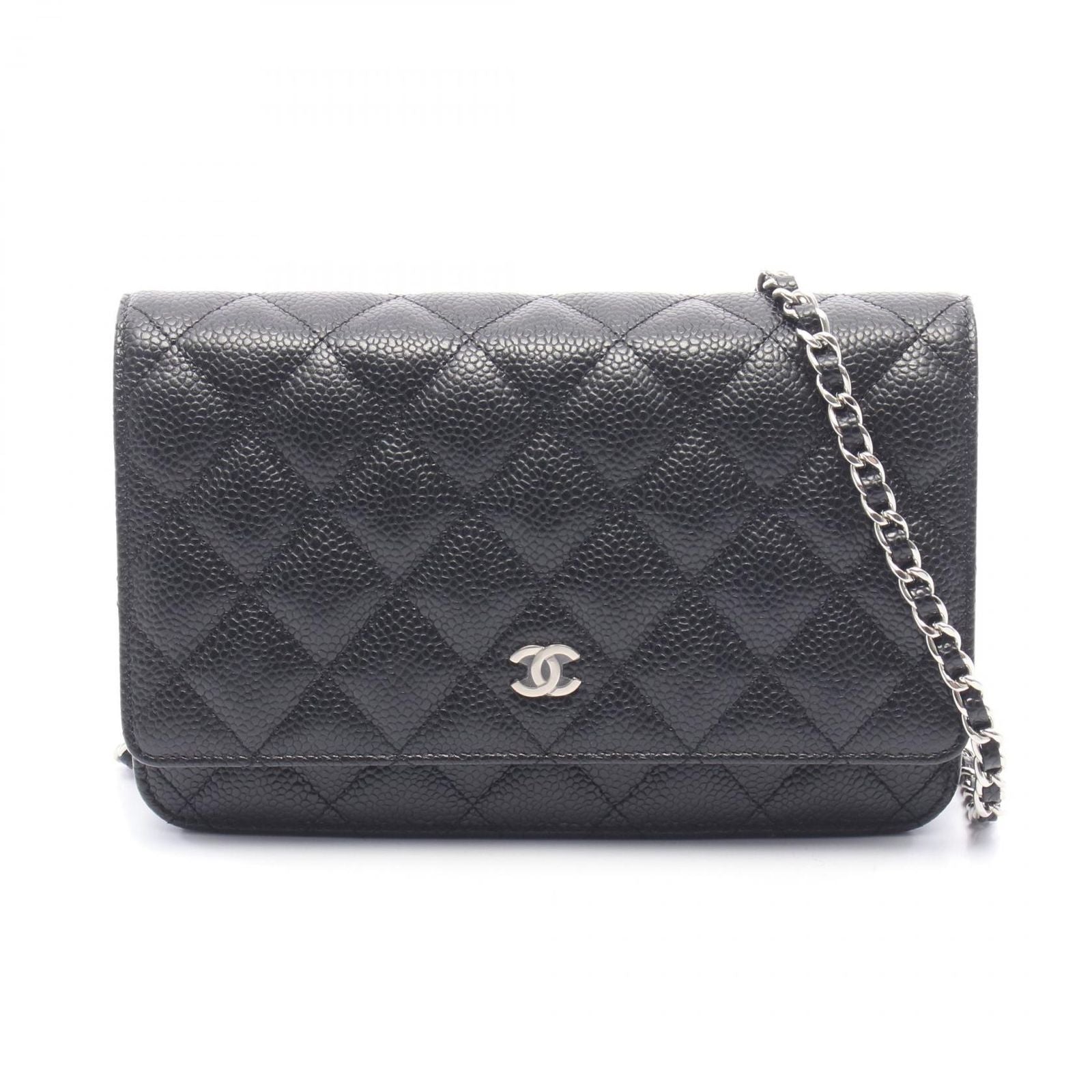 Chanel Shoulder Bag Quilted Black Caviar Leather Chain Wallet