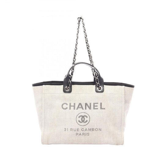 Chanel Tote Deauville GM 2-Way Light Gray Black Leather Dovel Line GM