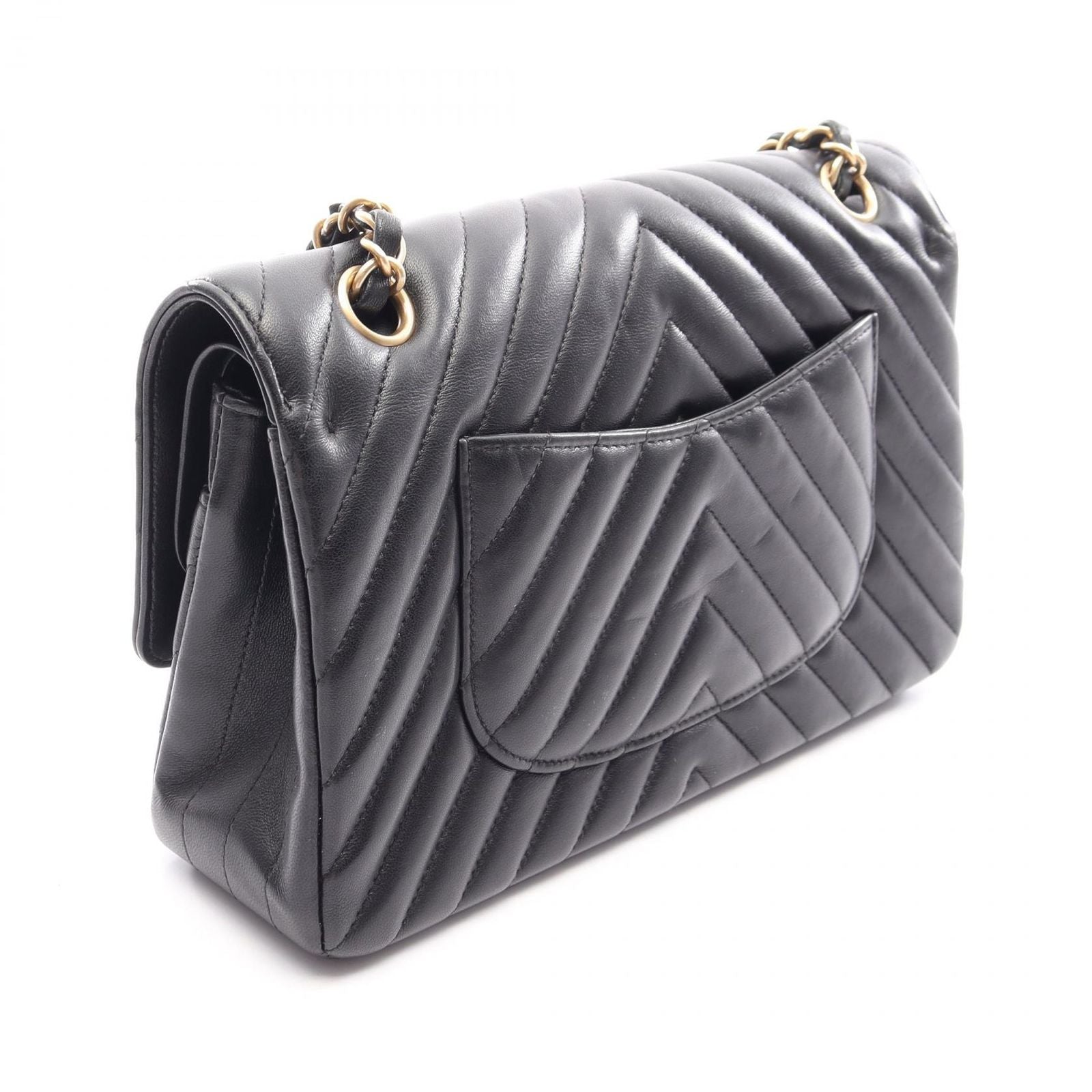 Chanel Shoulder Bag Blanc Stitch Double Flap Black Lambskin Chain — view 2