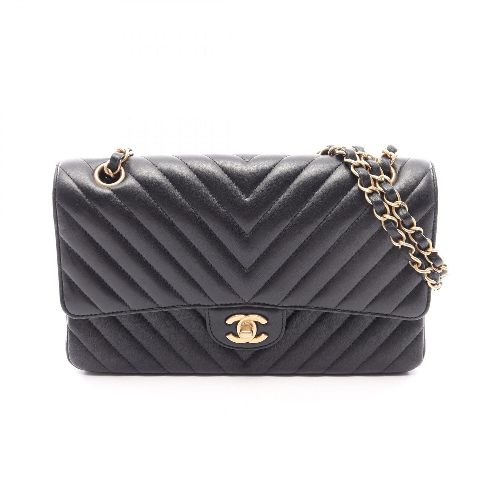 Chanel Shoulder Bag Blanc Stitch Double Flap Black Lambskin Chain