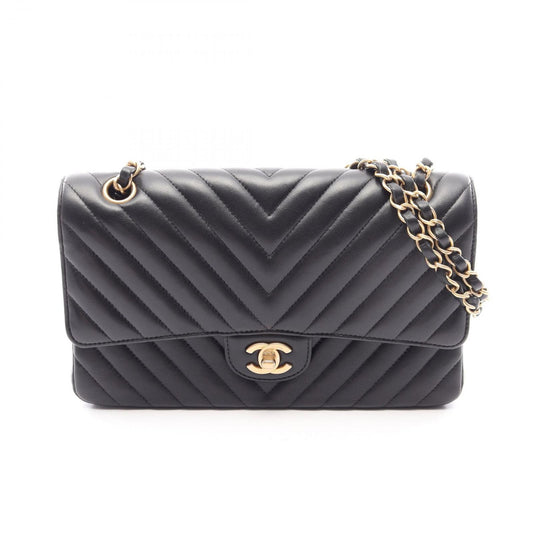 Chanel Shoulder Bag Blanc Stitch Double Flap Black Lambskin Chain