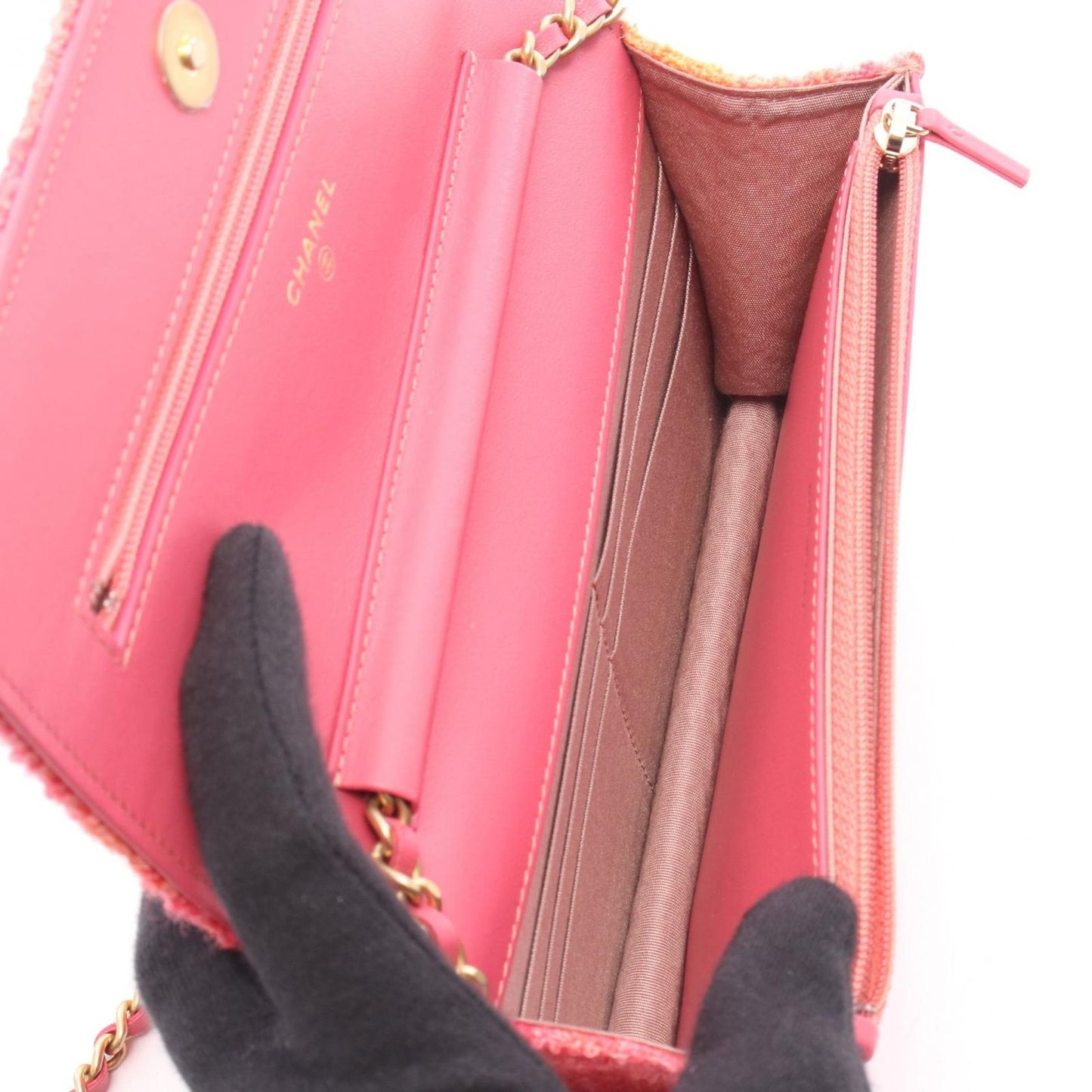 Chanel Shoulder Bag Quilted CC Logo Pink Fabric Chain Wallet — view 3