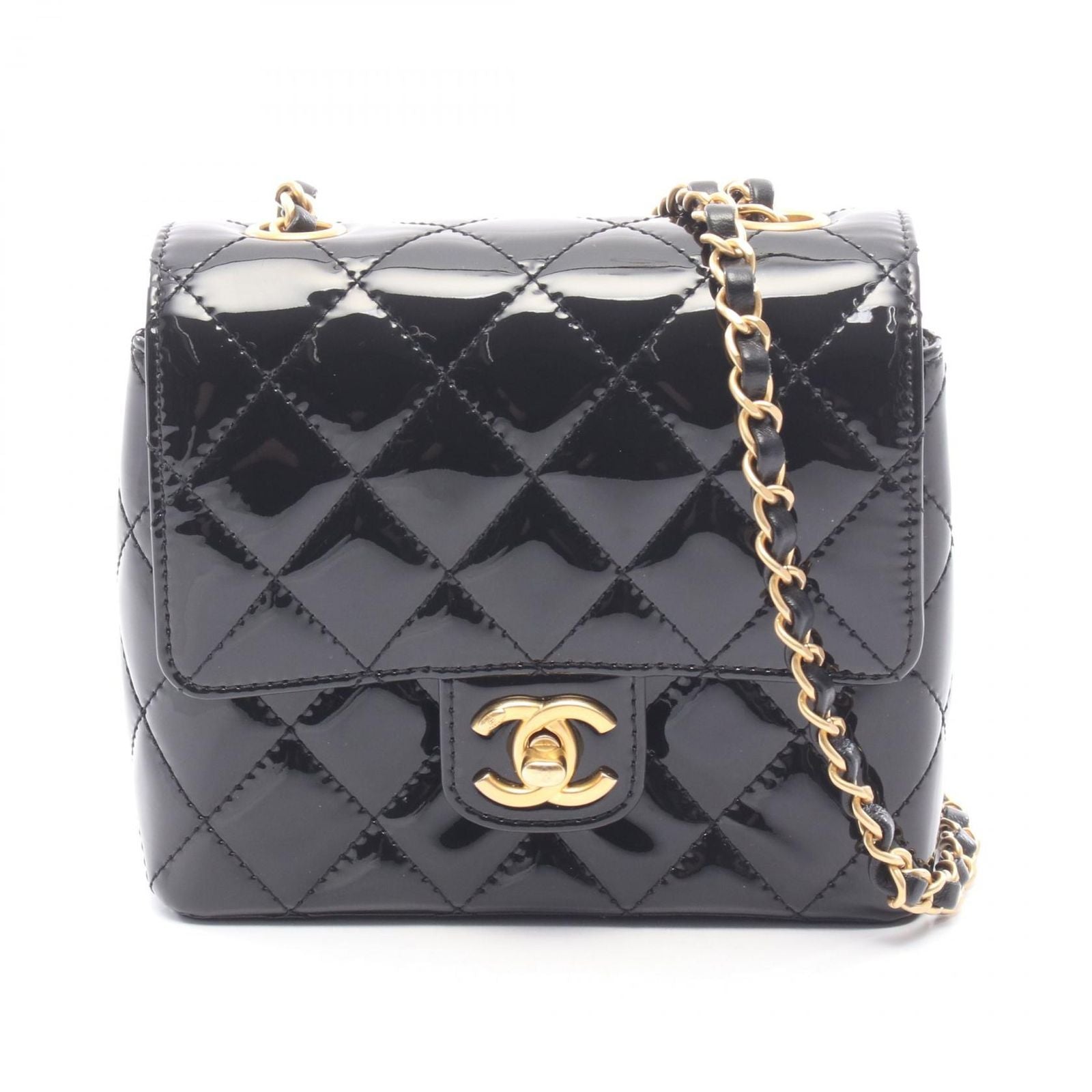 Chanel Shoulder Bag Mini Quilted Chain Black Patent Leather