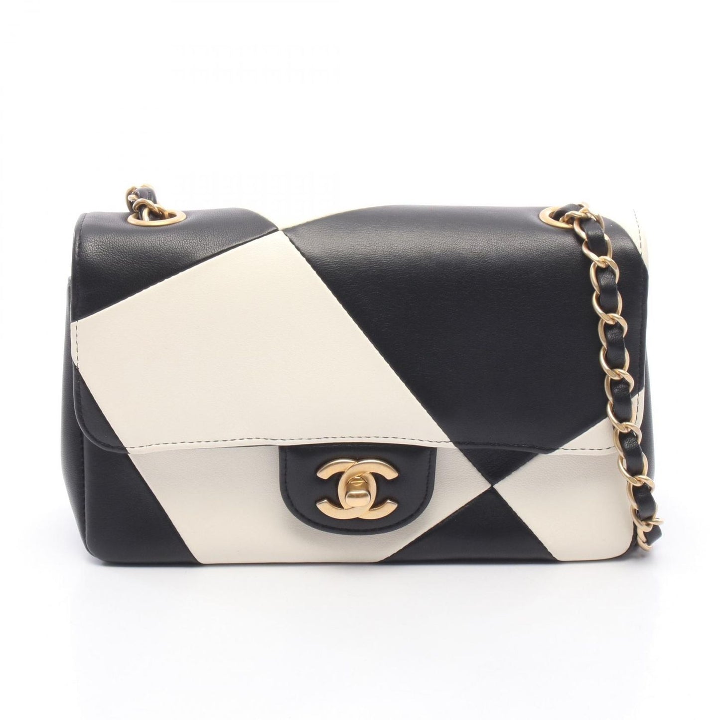 Chanel Shoulder Bag Black White Lambskin Chain