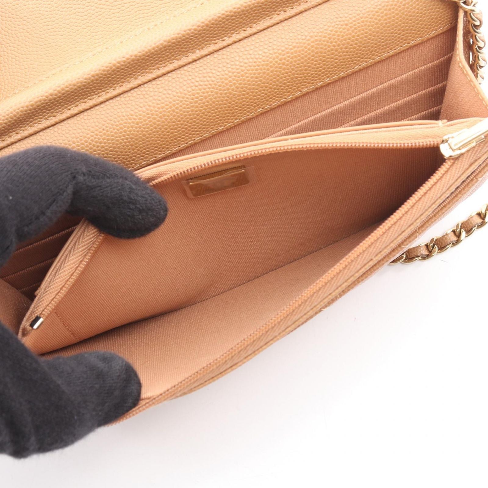 Chanel Shoulder Bag Quilted Camel Caviar Leather Chain Wallet — view 4
