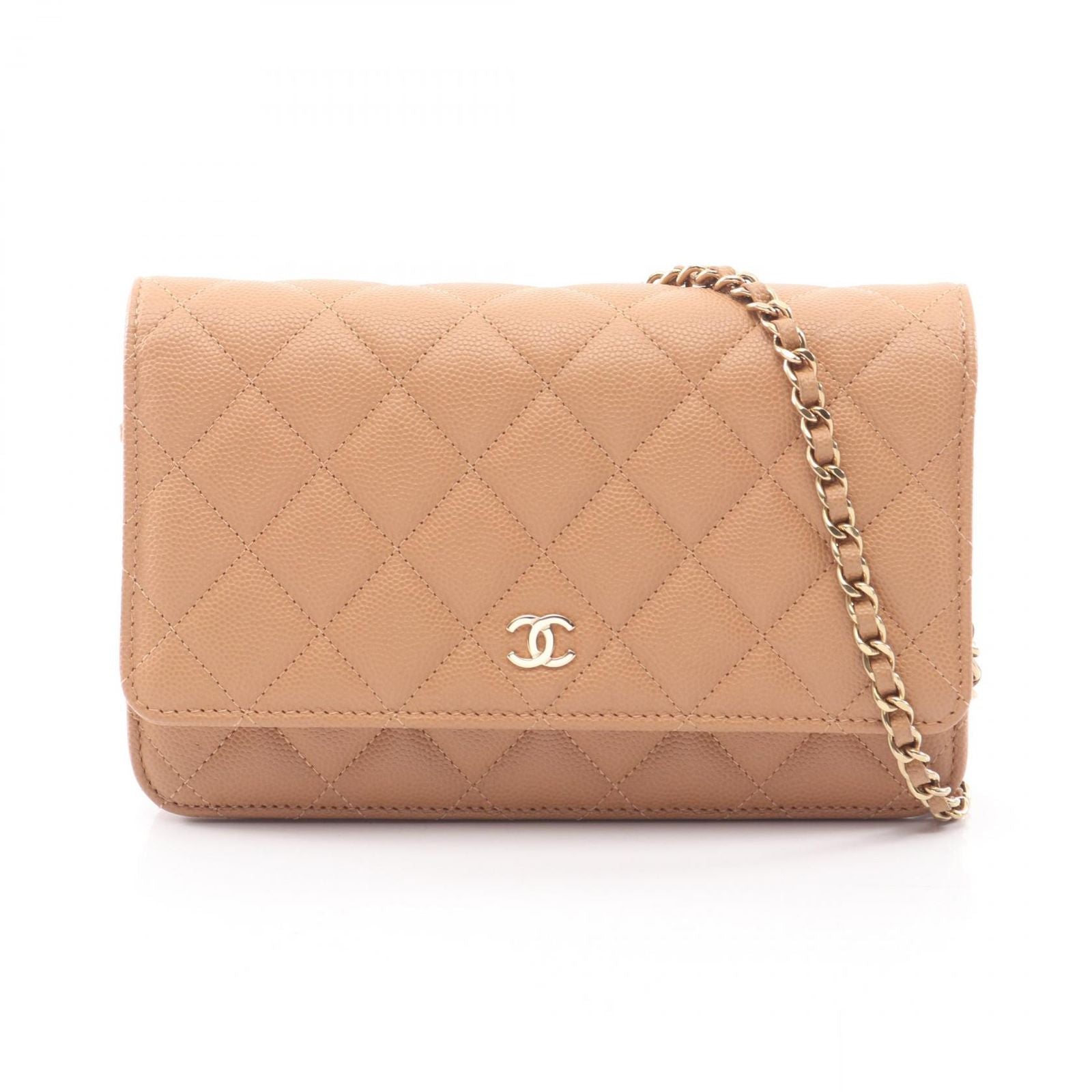 Chanel Shoulder Bag Quilted Camel Caviar Leather Chain Wallet