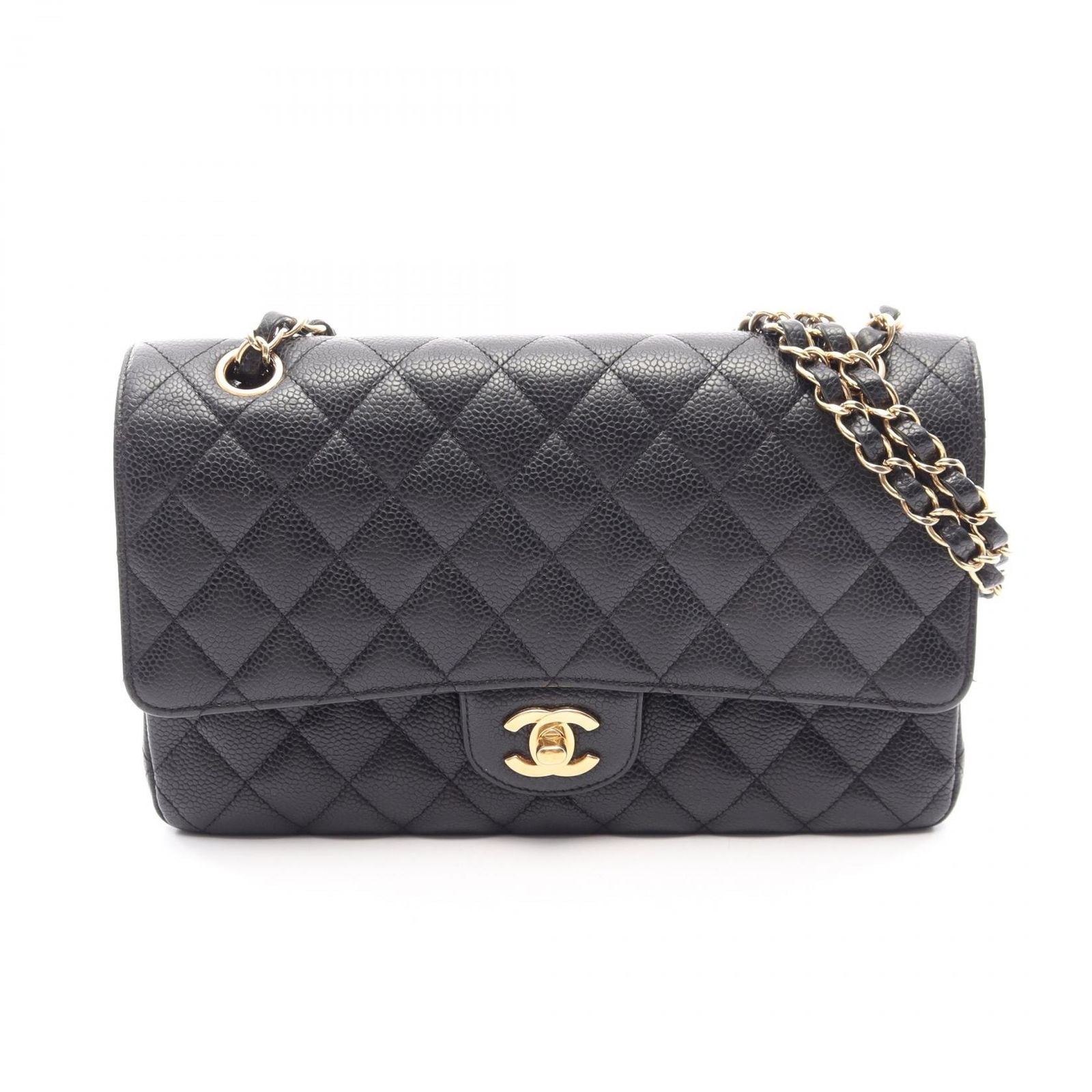 Chanel Shoulder Bag Quilted Double Flap Black Caviar Leather Chain